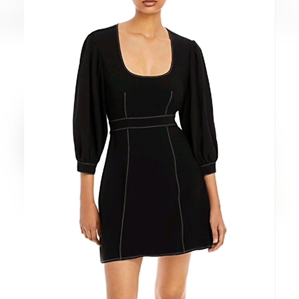 Cinq a Sept Clarissa Mini Dress Contrast-Stitch Crepe Black LBD Fit Flare Size 6